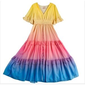 Flying Tomato Maxi Dress Women Sz M Multicolor Pastel Ombre Button Front Spring